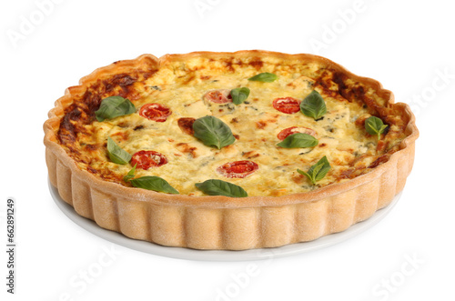 Delicious quiche with cheese, tomatoes and basil isolated on white