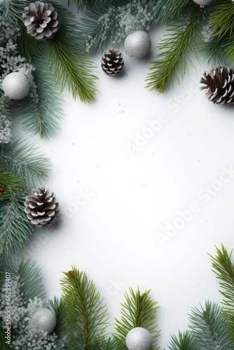 Beautiful Christmas composition, background. Christmas decor, pine cones, fir branches, balls and ornaments on white background. Flat lay, top view.Christmas composition.Copy space. Mock up.