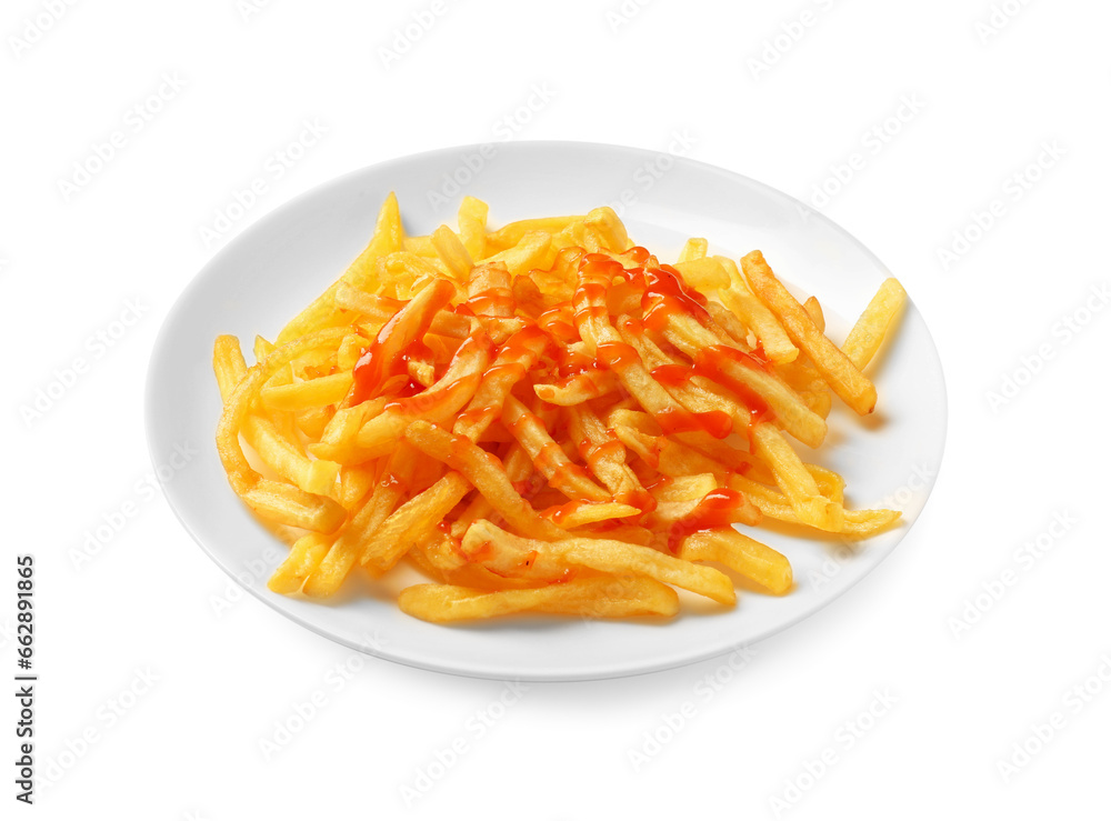 Tasty french fries with ketchup isolated on white Tasty french fries with ketchup isolated on white