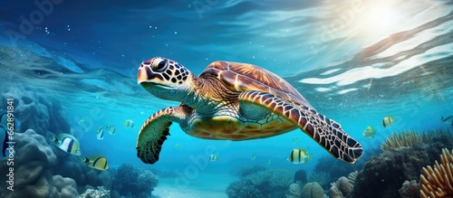 Cute green sea turtle in natural underwater habitat With copyspace for text