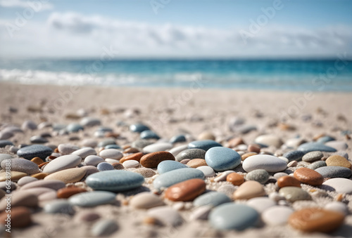 pebbles on sandy beach with blurred blue sea and sky background.