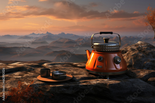 Amongst the stunning mountain scenery at sunrise, there is a camping hot water bottle for your morning drink.