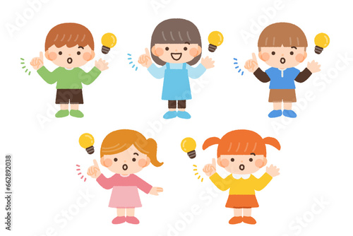 アイデアをひらめく子供達のイラスト素材セット