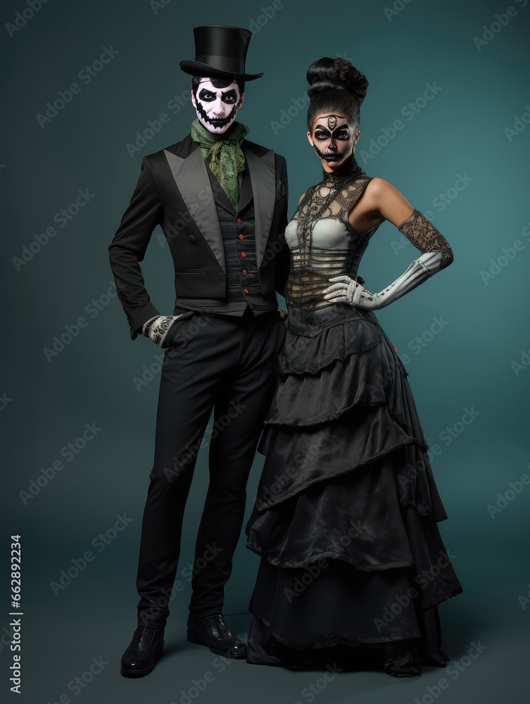 Halloween Costumes Fashion shot of couple posing in the studio. Halloween Costumes Fashion shot of couple posing in the studio.