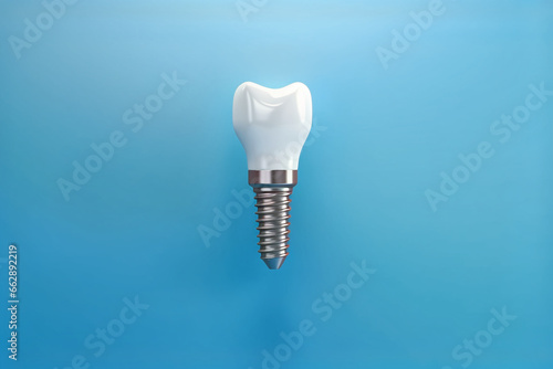 3d dental implant on a blue background. Dentist. Teeth. Human health.