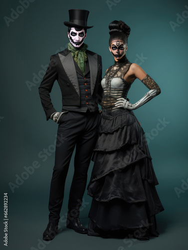 Halloween Costumes Fashion shot of couple posing in the studio.