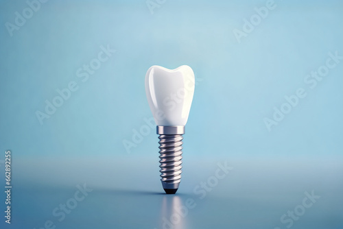 3d dental implant on a blue background. Dentist. Teeth. Human health.