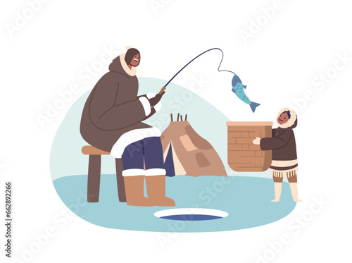 Eskimo Parent And Child Characters Engage In Fishing Together  Passing Down Traditional Skills And Knowledge  Vector