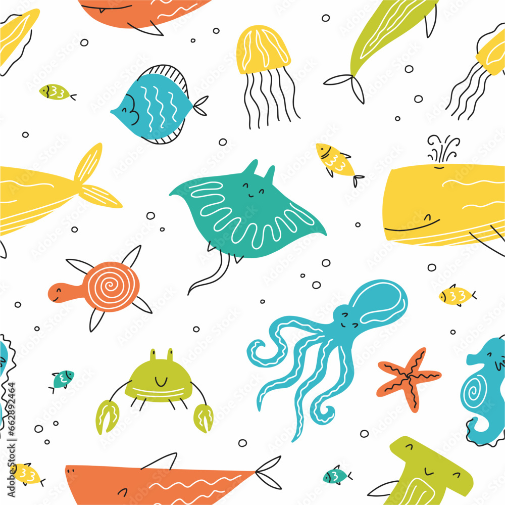 Vector pattern with marine life hand-drawn in the style of a doodle