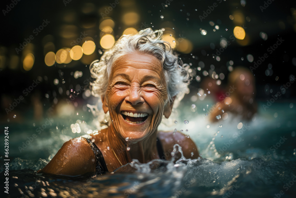 Capturing the essence of summer with a lively elderly woman immersed in playful splashes.