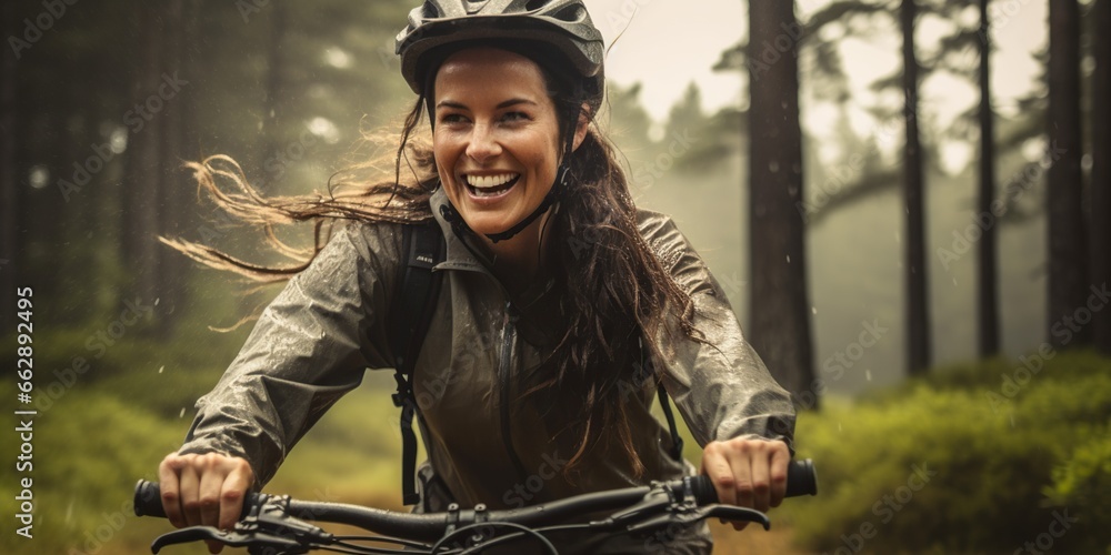 Fototapeta premium Woman riding a bike next to a pine forest enjoying a warm summer rain and sun , concept of Nature