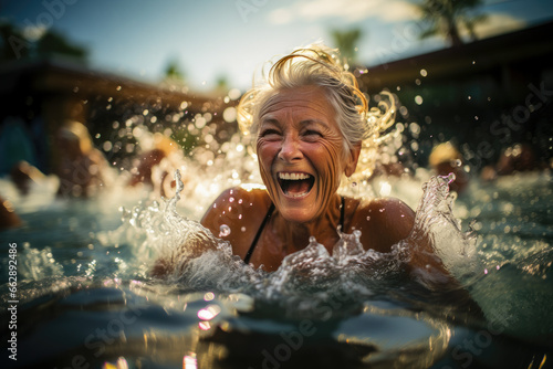 Elderly woman laughing joyfully, embracing the summer vibes in a sunlit pool.
