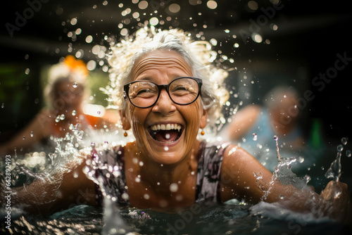 Mature lady laughing heartily, immersed in a refreshing pool, capturing a perfect summer moment.