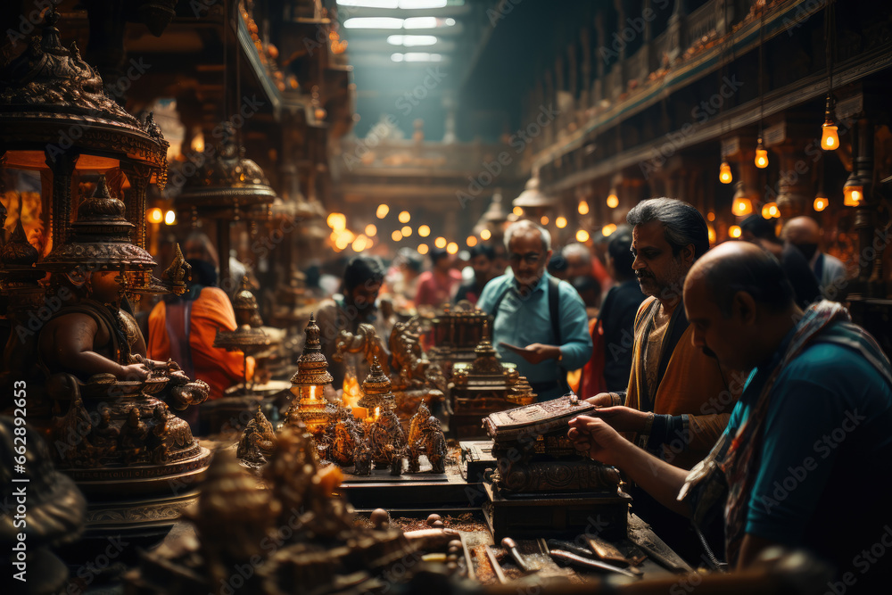 A bustling Indian marketplace with colorful displays of Hindu deities, showcasing the rich tapestry of Hinduism. Concept of cultural spirituality. Generative Ai. - obrazy, fototapety, plakaty 