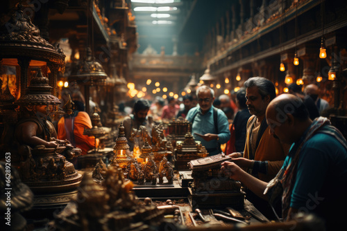 A bustling Indian marketplace with colorful displays of Hindu deities, showcasing the rich tapestry of Hinduism. Concept of cultural spirituality. Generative Ai.