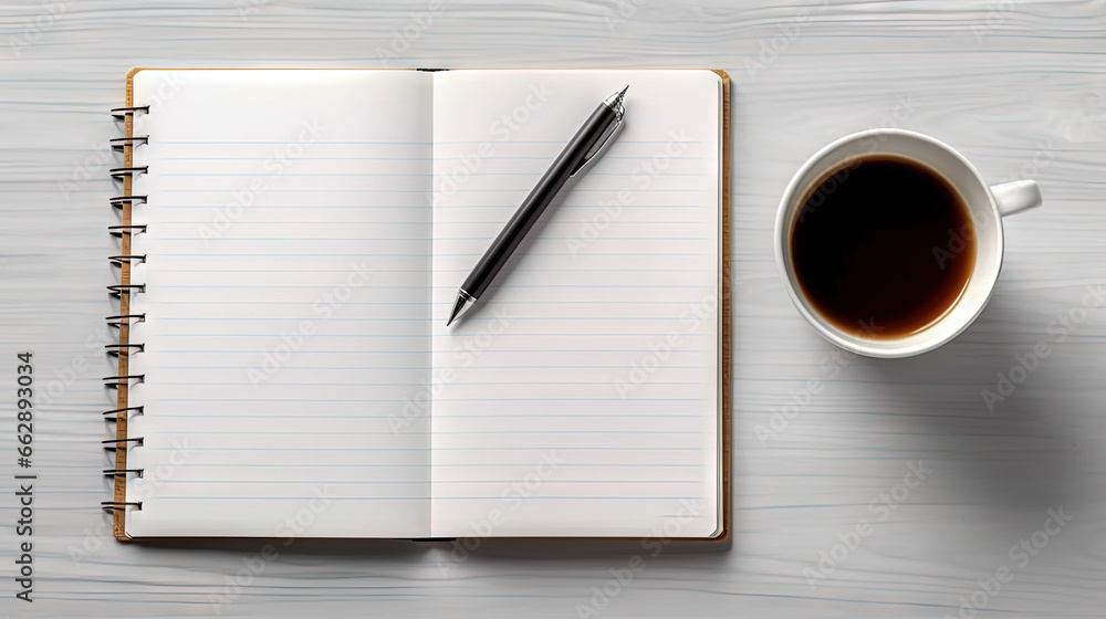 Cup of coffee and notepad with pen, top view. Cup of coffee and notepad with pen, top view.