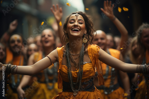 A Hare Krishna devotee chanting and dancing, spreading joy and devotion through the streets. Concept of ecstatic devotion. Generative Ai.
