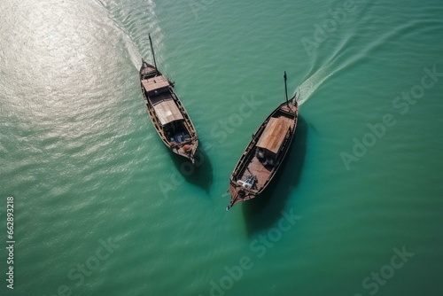 Bird's-eye view of two boats sailing in the sea of Thailand. Generative AI