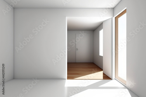 a modern wood floor  a nook  and white walls with no furniture. Generative AI