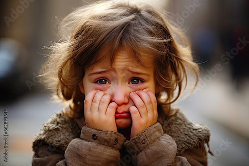  little girl three years old crying sadly photo