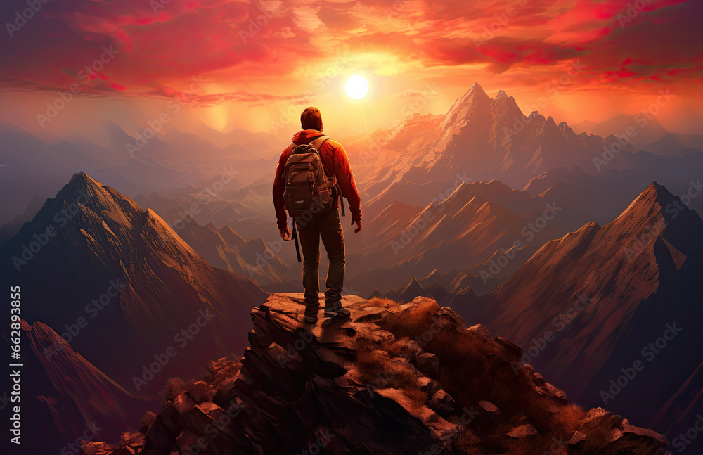 Conquering Heights: Vector Illustration of a Man with Backpack on the Summit of a Mountain, Capturing the Triumph of Summit Success and Adventure