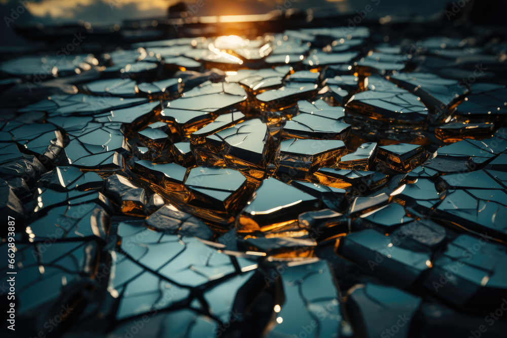 A distorted reflection in a cracked mirror, where the viewer's image appears fractured and disjointed. Concept of shattered perception. Generative Ai. A distorted reflection in a cracked mirror, where the viewer's image appears fractured and disjointed. Concept of shattered perception. Generative Ai.
