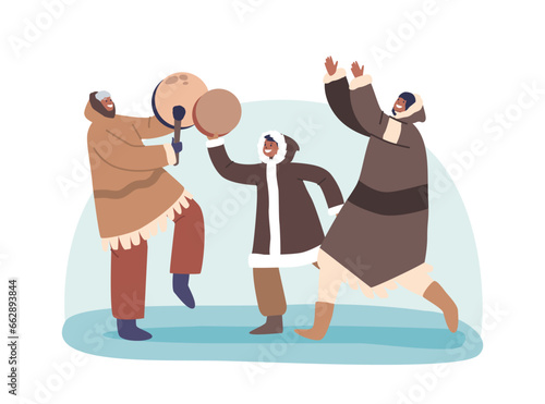 Eskimo Family Characters Gather In Lively Circles, Dancing To The Rhythm Of Drum And Tambourine, Vector Illustration