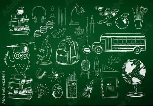 Vector chalk drawn illustration set of education and science items on green chalkboard background.