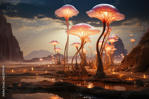 A desert landscape with giant, luminescent mushrooms sprouting from the sand, creating an otherworldly and hallucinogenic scene. Concept of desert dreams. Generative Ai.