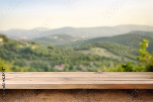 Background with an empty wooden table in the foreground against the backdrop of nature.Vineyards. Prlovance. Universal background.