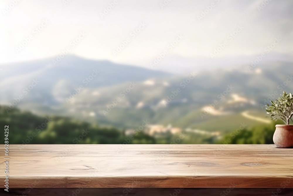 Background with an empty wooden table in the foreground against the backdrop of nature.Vineyards. Prlovance. Universal background.