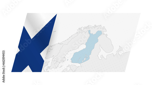Finland map in modern style with flag of Finland on left side.