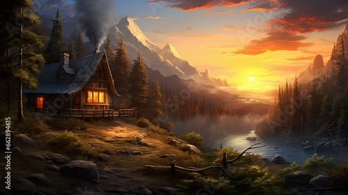  a painting of a cabin on a mountain with a sunset. generative ai