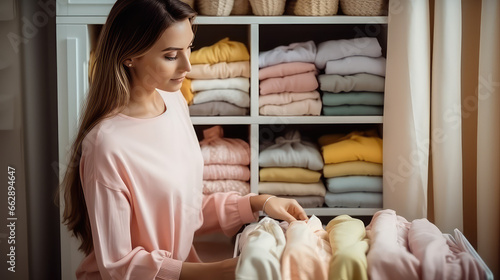 Young woman choosing clothes in a dressing room with a closet of clothes. Personal stylist, selection of clothes, ergonomic storage and organization. 