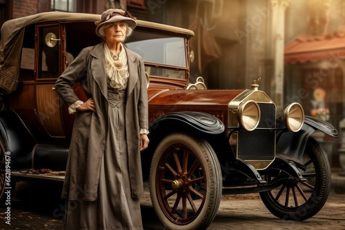 Charming American old woman car 1920 year. Pretty female. Generate Ai © juliars