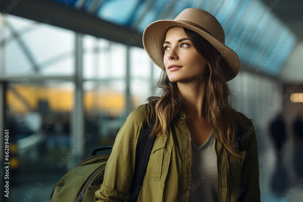 Cheerful and beautiful woman with cap at the airport. Ai generated. Cheerful and beautiful woman with cap at the airport. Ai generated.