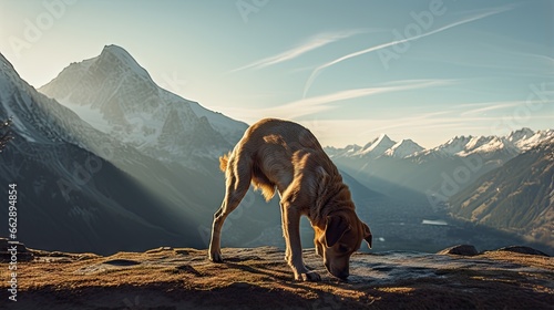  a brown dog standing on top of a grass covered hillside.  generative ai