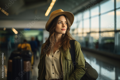 Cheerful and beautiful woman with cap at the airport. Ai generated.