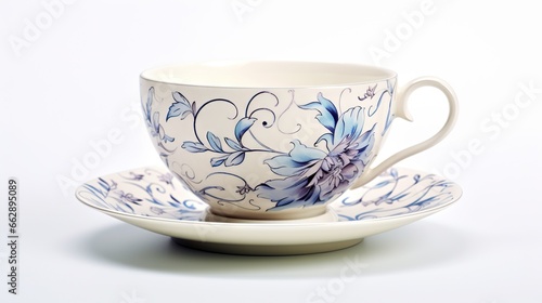  a blue and white cup and saucer on a white background.  generative ai