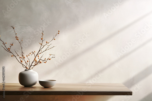 Universal beige background with belts and vases. Boho style. Eco concept. Copy space.