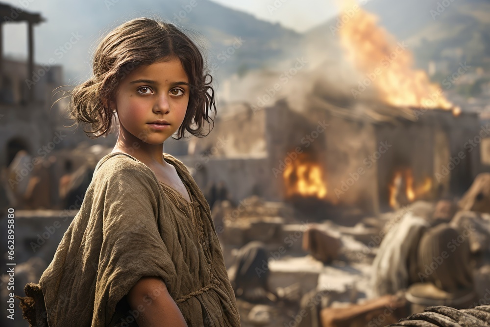 Devastating Ancient greek volcano eruption village disaster. Child girl greek. Generate Ai - obrazy, fototapety, plakaty 