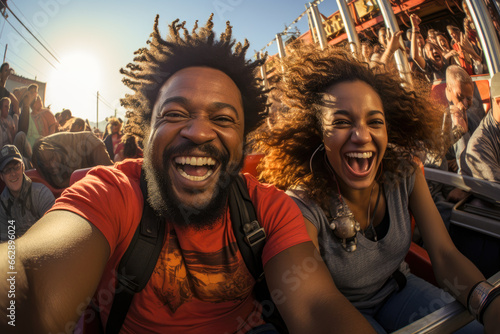 Joyful friends capturing exhilarating roller coaster moment at sunset in an amusement park. photo
