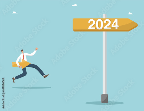 Strategic planning to achieve success in new year 2024, direction of development and looking into future, setting business goals for coming year, man runs along the signpost to the new year 2024.