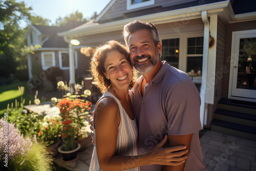 a happy and smiling couple in their fifties, pose in front of their house photo
