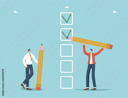 Time management and business scheduling, successful completion of tasks and assignments, questioning and voting, polling and testing, follow work schedule, choice concept, men with pencils tick icons.