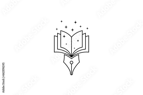 book logo with pen decorated with sparkling stars