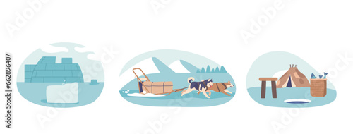 Isolated Vector Elements With Eskimo Dog Sled, Powered By Resilient Huskies, Glides Across The Snowy Tundra