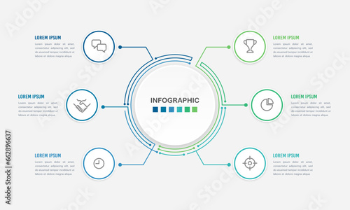 6 process infographic circuit line design template. Diagram, report, business presentation, and organization. Vector illustration.