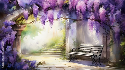 bench garden purple flowers key visual grapes breathtaking being rest peace rays sunlight hallway landscape scenery wish resign stream love happiness photo