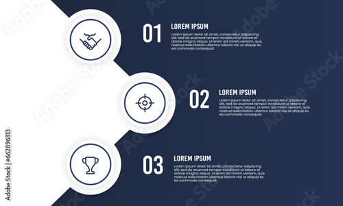 Business presentation 3 options design template. Process, report, strategy, planning, and diagram. Vector illustration.